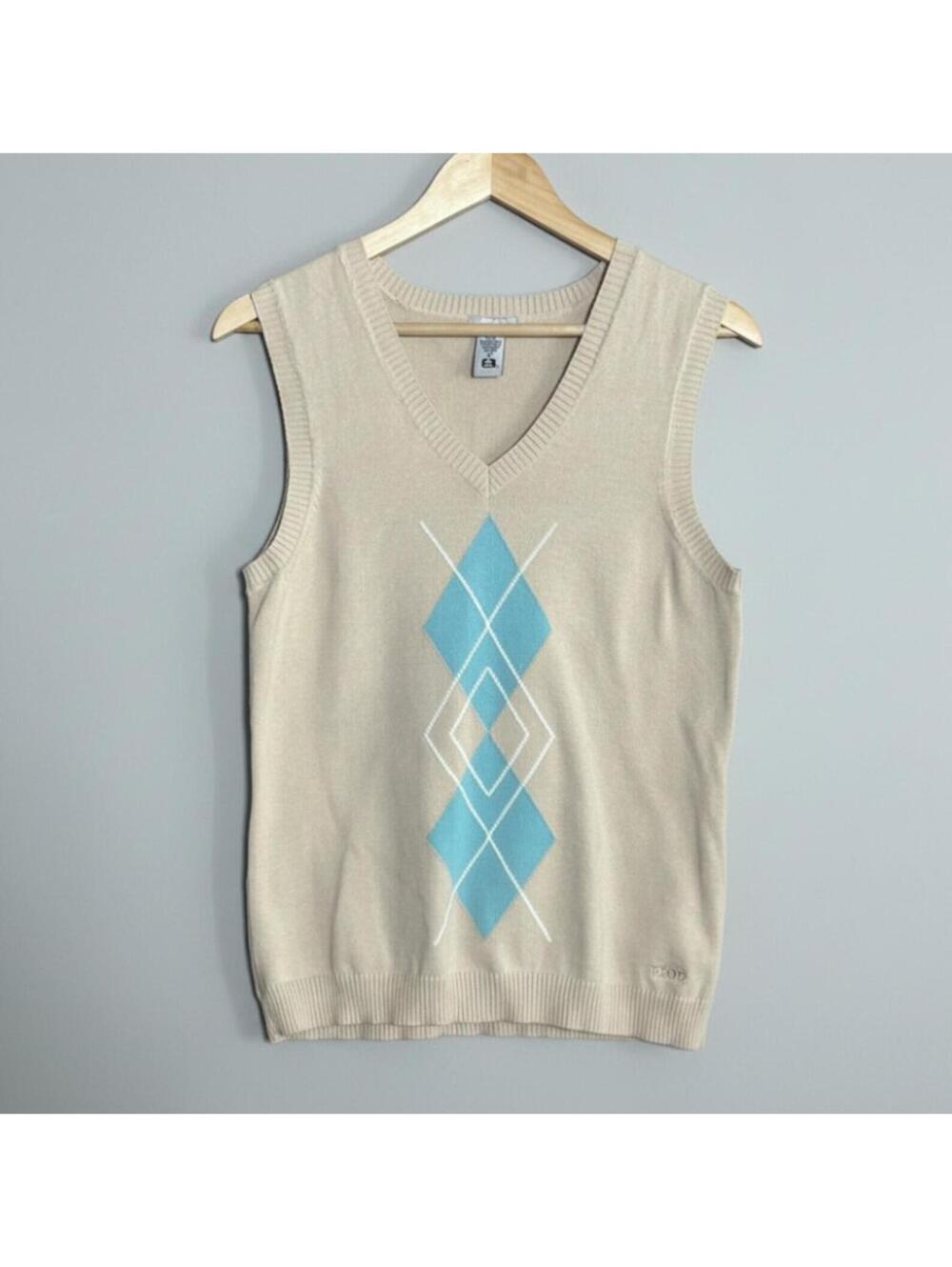 Izod Golf Womens Argyle Tan V-Neck Sweater Vest Size Small Preppy Light Academia